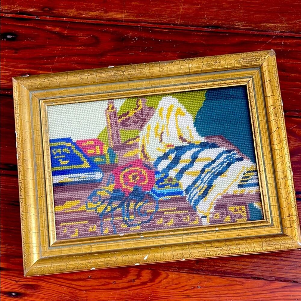 Vintage Judaica handcrafted Framed Needlepoint Jewish Tallit hanging picture